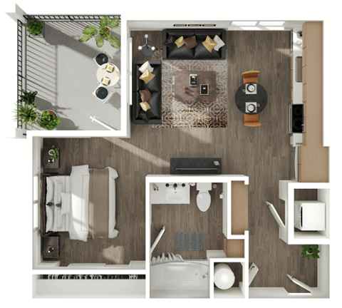 a 3d rendering of a bedroom with a bathroom and a living room